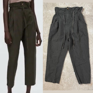 ZARA Linen Cotton High Waist Paperbag Pleated Pants Dark Green Women’s Medium
